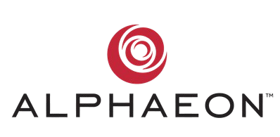 The image displays a logo with a red background featuring two overlapping circles and stylized text within them, accompanied by the word  ALPHAEON  below, all set against a gray background.