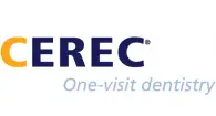 The image displays a logo with text reading  CEREC  followed by a tagline underneath stating  one-visit dentistry,  suggesting that CEREC is associated with a dental service that offers quicker treatment options.