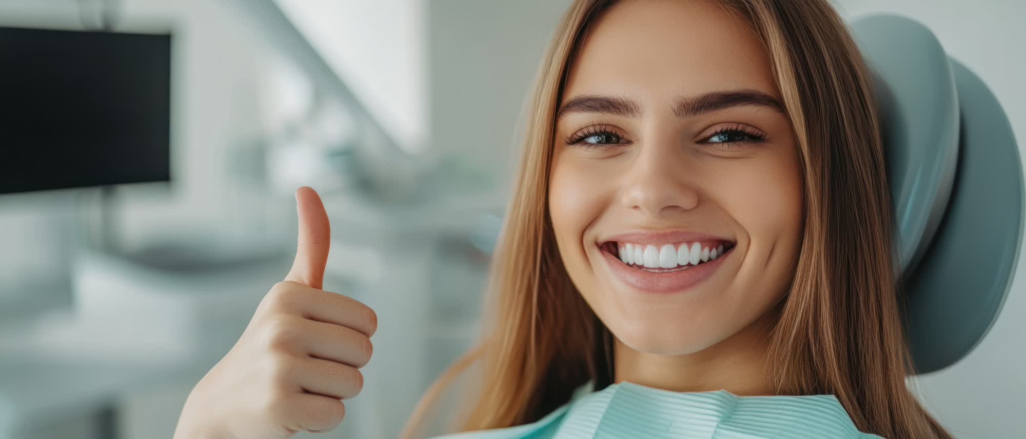 A smiling woman giving a thumbs up in a dental office setting.