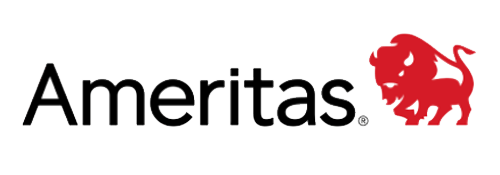 The image shows a logo with the text AMERITAS prominently displayed on a gray background.